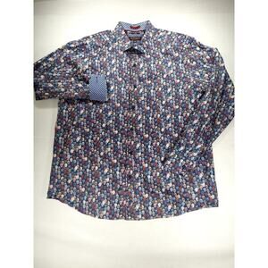 Johnston & Murphy Button Up Shirt Mens Large Blue Skull Allover Print Casual